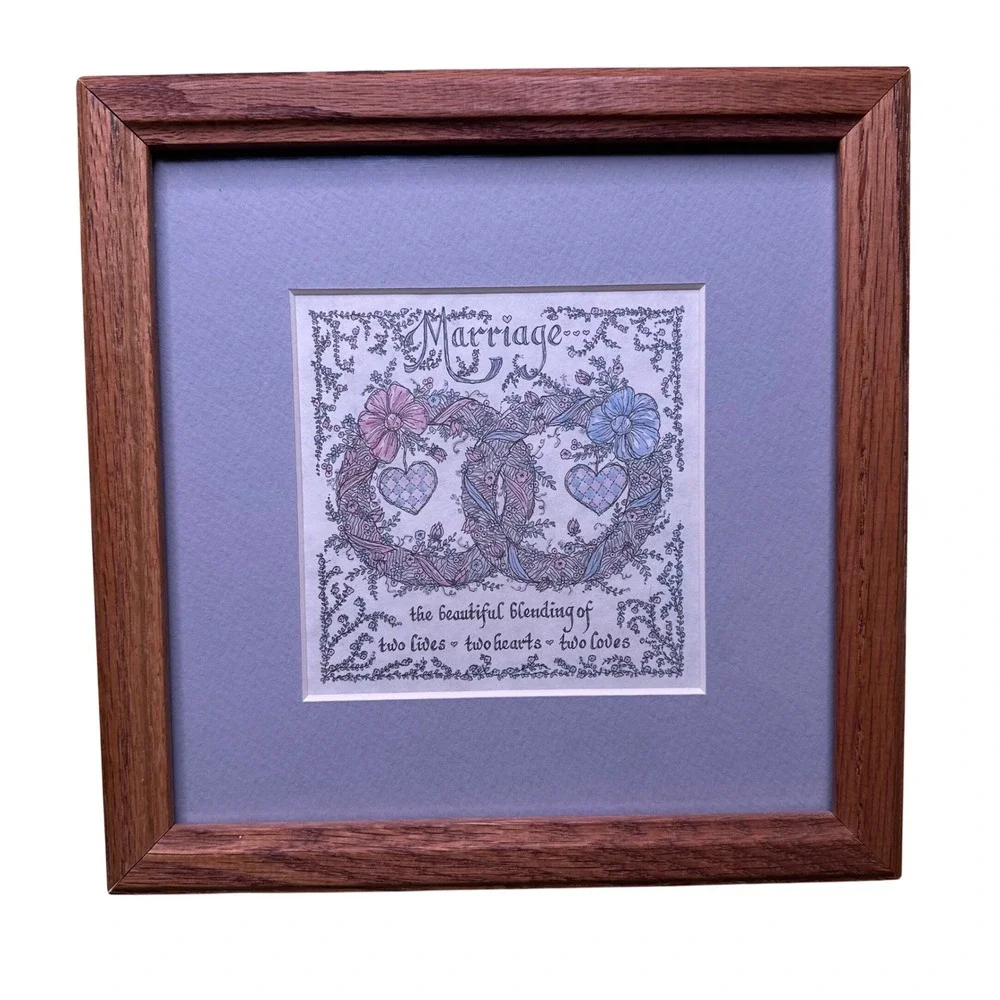 Vintage 1987 Lynn Marriage Calligraphy Art Framed Oak Wood 9x9 Wedding Gift